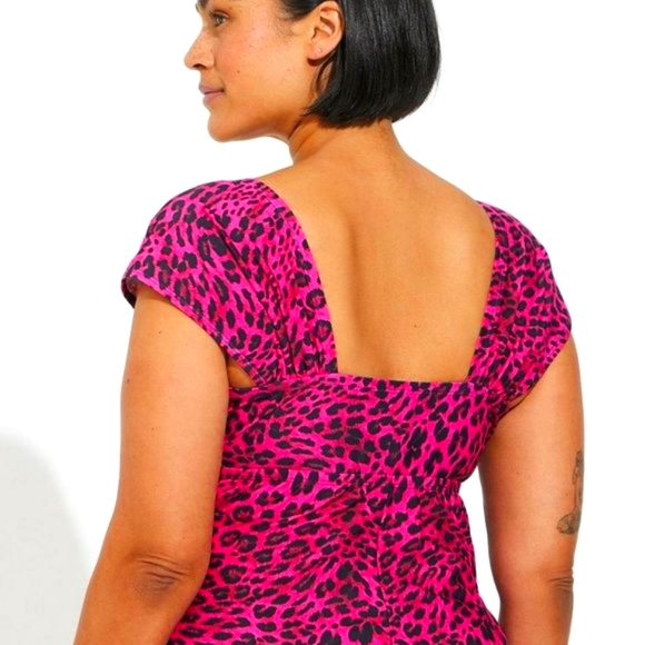 ❤️NWT VINTAGE TORRID SWIM TANKINI TOP RETRO STYLE CAP SLEEVE RUCHED PINK LEOPARD - Picture 2 of 14